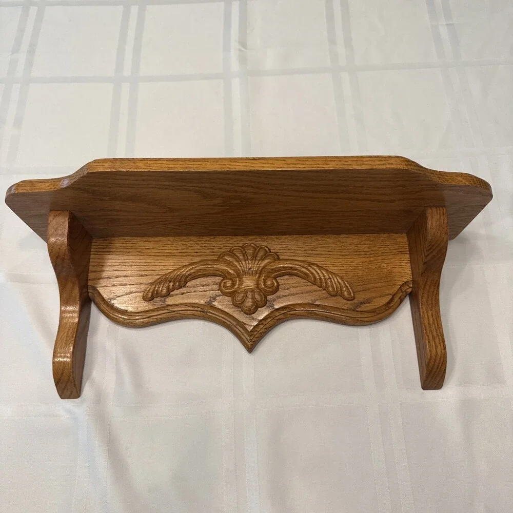 Vintage Solid Oak Hanging Wall Shelf Carved Floral Scroll Appliqué 16” Farmhouse